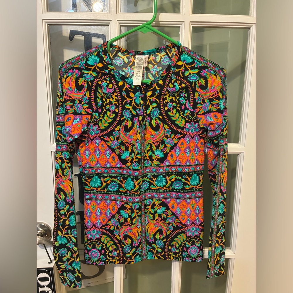 Nanette Lepore Boho Paisley Print Long Sleeve Top XS Colorful Stretch Y2K